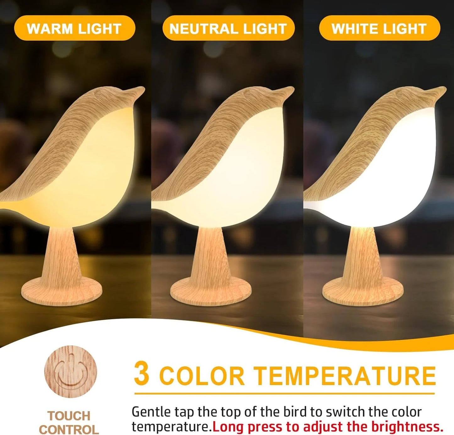 Touch-Control Wooden Bird Night Light - Rechargeable LED Lamp