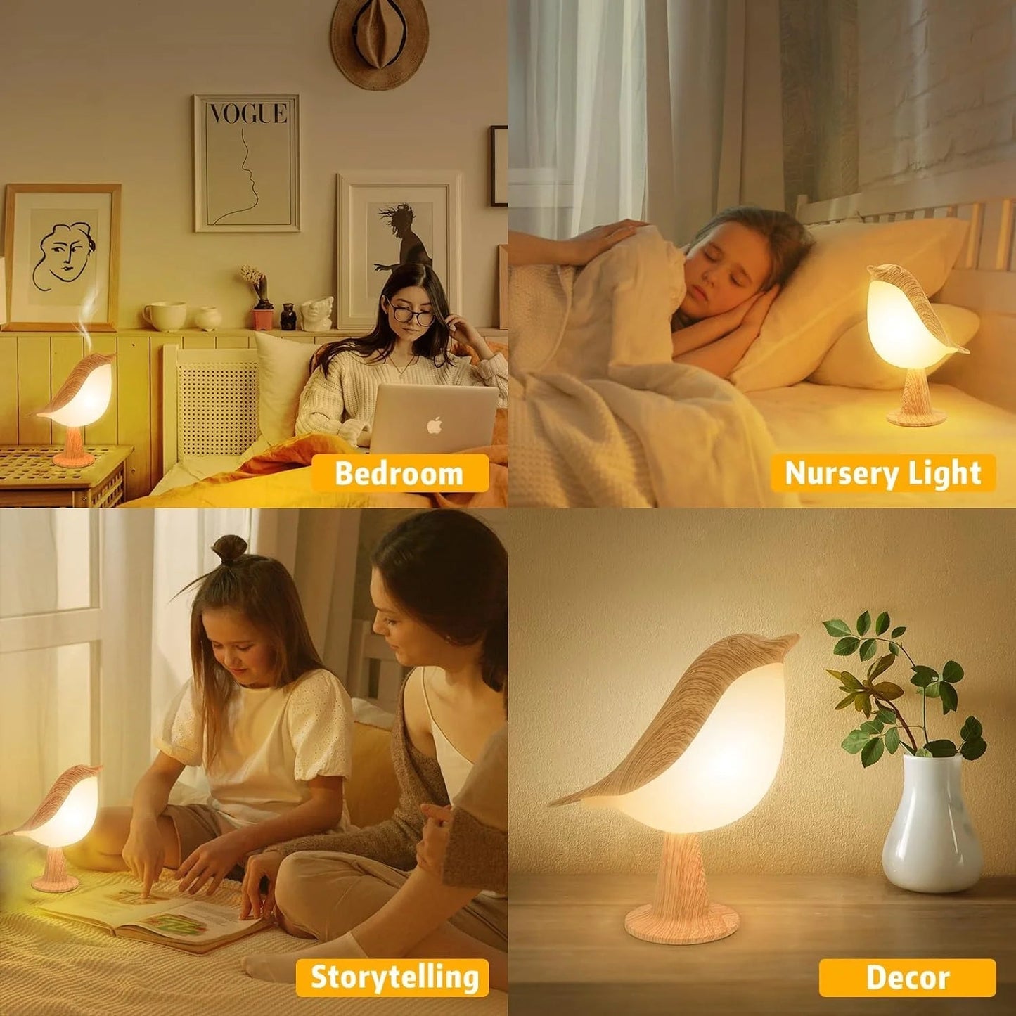Touch-Control Wooden Bird Night Light - Rechargeable LED Lamp