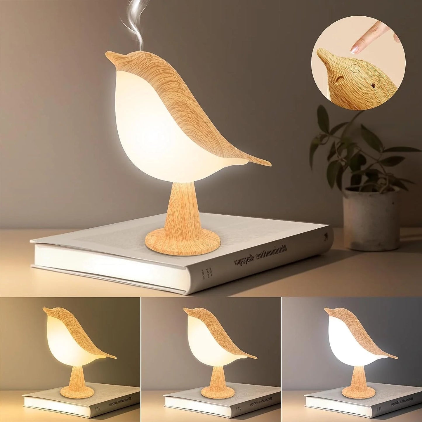 Touch-Control Wooden Bird Night Light - Rechargeable LED Lamp