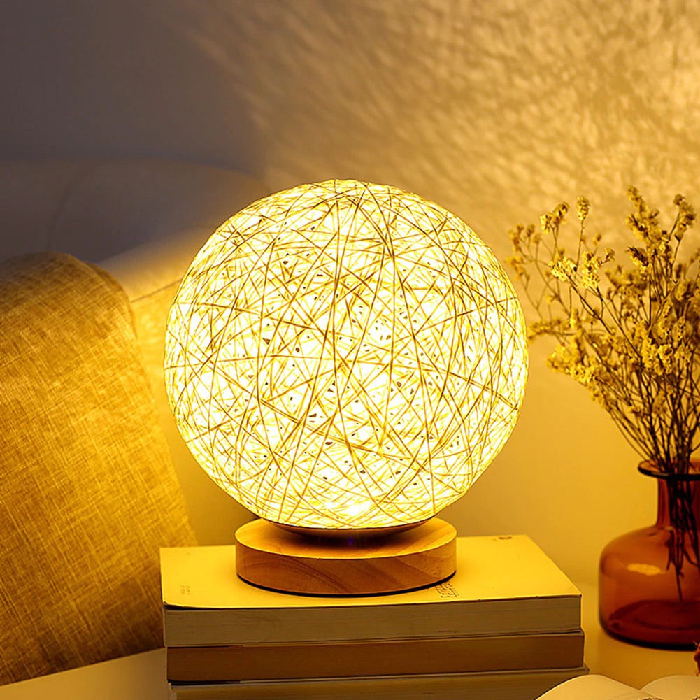 Rattan Sphere Table Lamp - Modern LED Night Light Decor