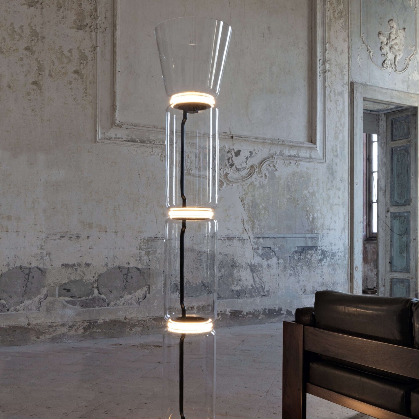 Bamboo Glass Floor Lamp with Integrated LED Light, Stylish Design