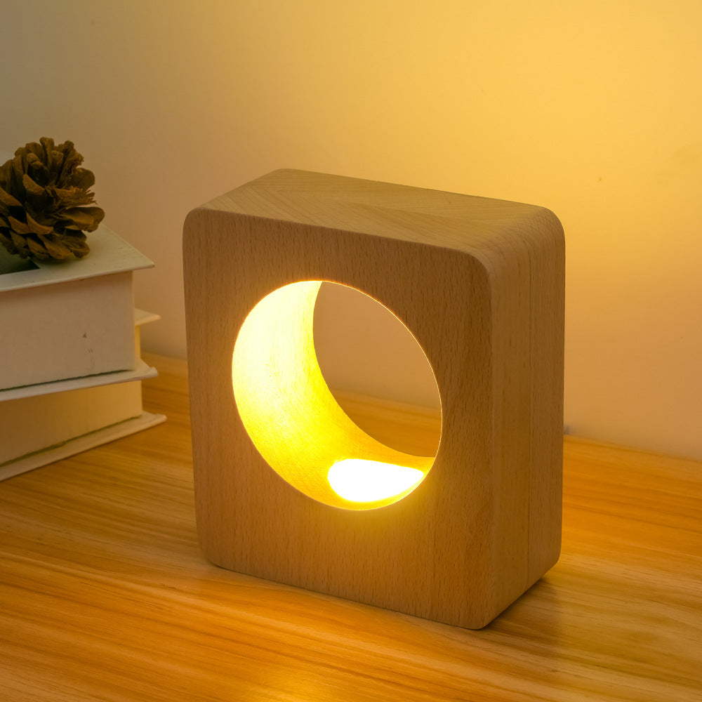 Modern Square Tree Hole Solid Wood USB Rechargeable LED Night Light Table Lamp