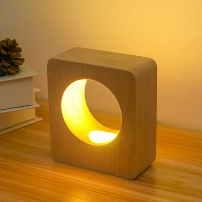 Modern Square Tree Hole Solid Wood USB Rechargeable LED Night Light Table Lamp