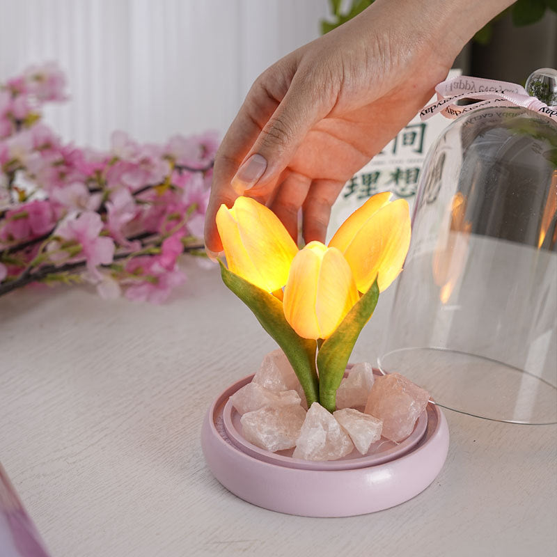Modern Simplicity Cylinder Flower Wood Glass LED Table Lamp