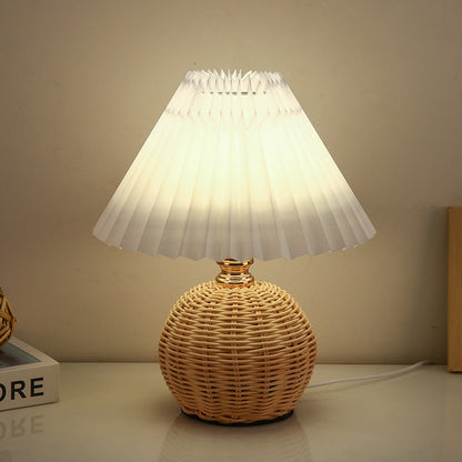 Contemporary Nordic Rattan Fabric Folded Cone Ball LED Table Lamp