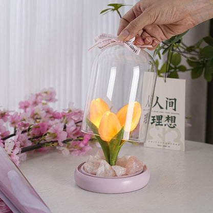 Modern Simplicity Cylinder Flower Wood Glass LED Table Lamp