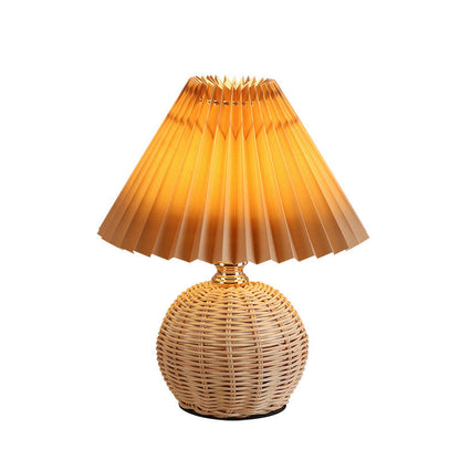 Contemporary Nordic Rattan Fabric Folded Cone Ball LED Table Lamp