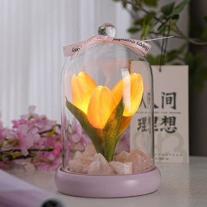 Modern Simplicity Cylinder Flower Wood Glass LED Table Lamp