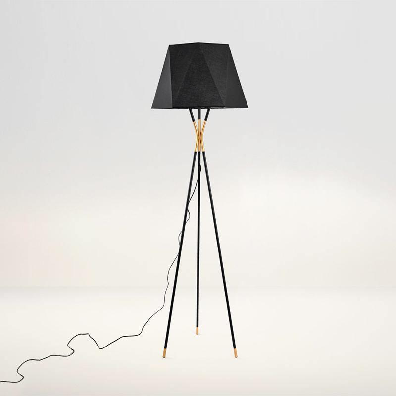 Solitaire Floor Lamp with Black Cloth Shade and Brass Legs