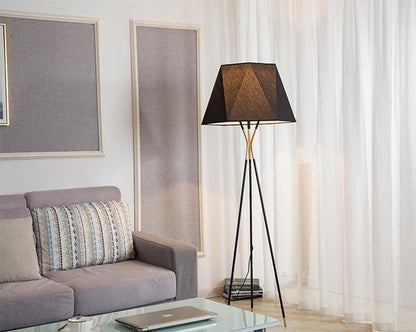 Solitaire Floor Lamp with Black Cloth Shade and Brass Legs