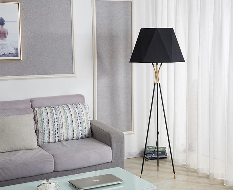 Solitaire Floor Lamp with Black Cloth Shade and Brass Legs