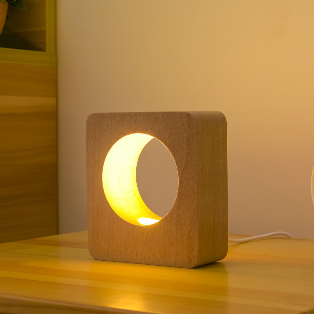 Modern Square Tree Hole Solid Wood USB Rechargeable LED Night Light Table Lamp