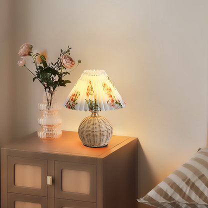 Contemporary Nordic Rattan Fabric Folded Cone Ball LED Table Lamp