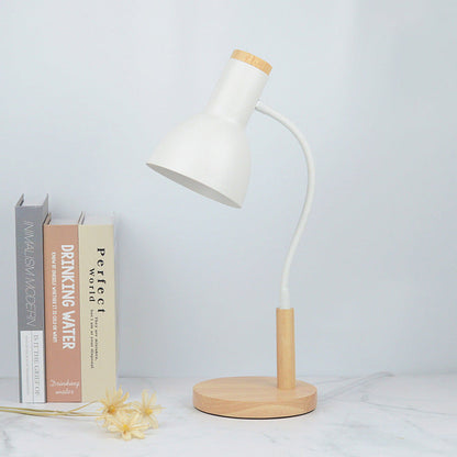 Contemporary Nordic Iron Round Shade Wooden Base 1-Light Desk Lamp for Home Office
