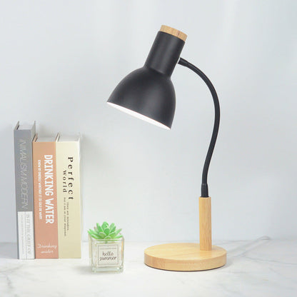 Contemporary Nordic Iron Round Shade Wooden Base 1-Light Desk Lamp for Home Office