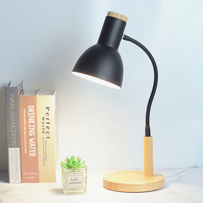 Contemporary Nordic Iron Round Shade Wooden Base 1-Light Desk Lamp for Home Office