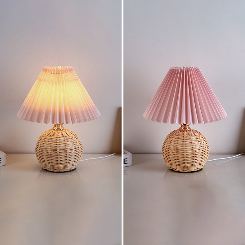 Contemporary Nordic Rattan Fabric Folded Cone Ball LED Table Lamp