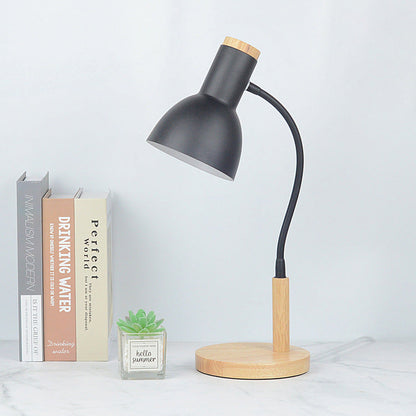 Contemporary Nordic Iron Round Shade Wooden Base 1-Light Desk Lamp for Home Office