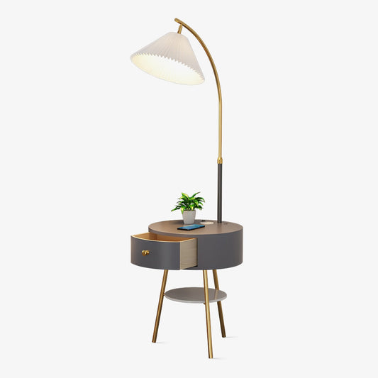 Pleated Arc Floor Light with Gold Base and Shade