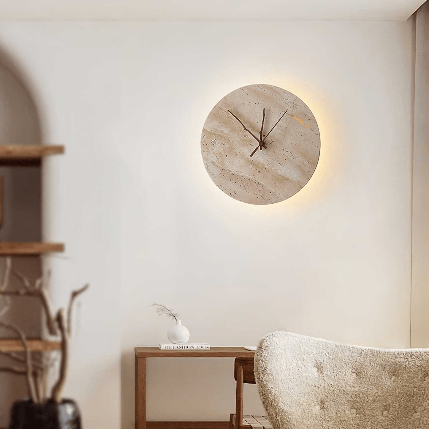 Clock Travertine Wall Lamp with LED Light and Bronze Hands