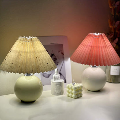 Modern Minimalist Round Fabric Fold Ceramic LED Table Lamp for Bedroom