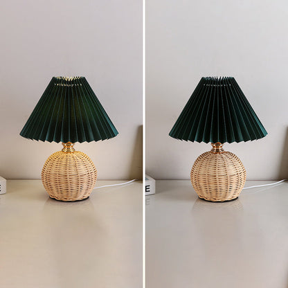 Contemporary Nordic Rattan Fabric Folded Cone Ball LED Table Lamp