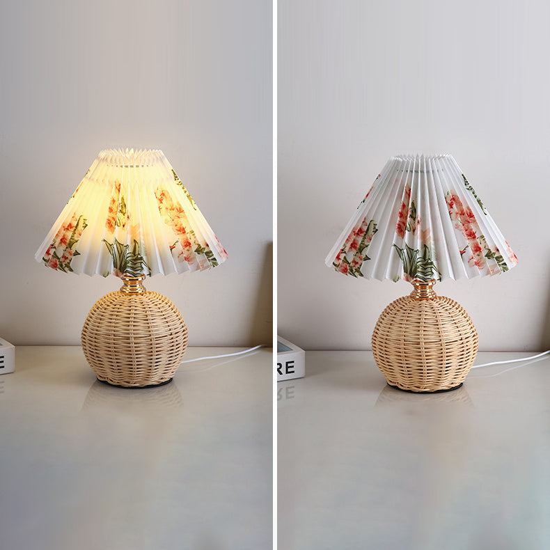 Contemporary Nordic Rattan Fabric Folded Cone Ball LED Table Lamp