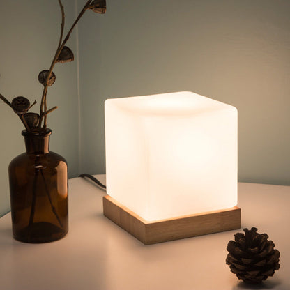 Cube Lamp Nordic Style White Glass Table Lamp with Wood Base