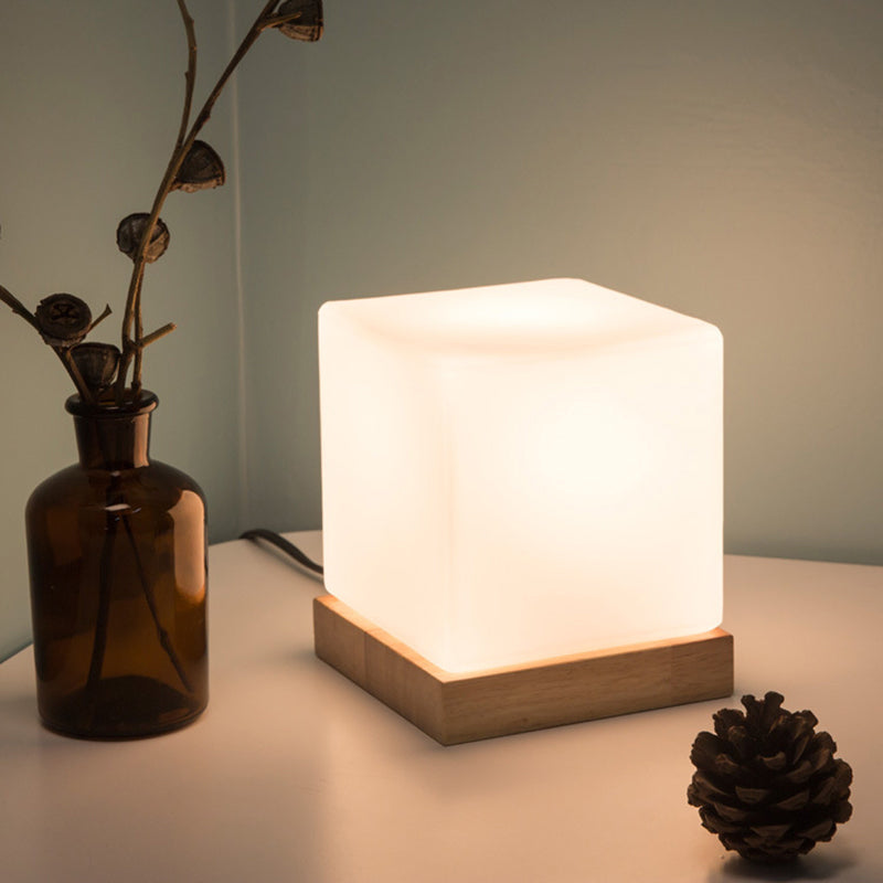 Cube Lamp Nordic Style White Glass Table Lamp with Wood Base