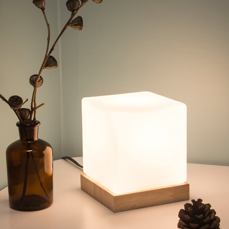 Cube Lamp Nordic Style White Glass Table Lamp with Wood Base