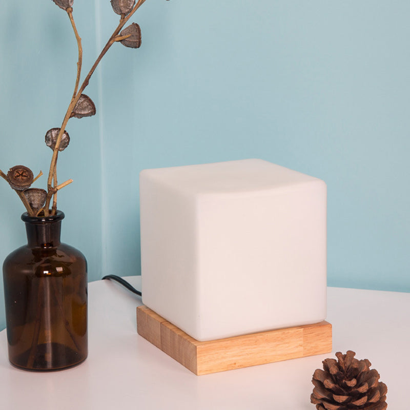 Cube Lamp Nordic Style White Glass Table Lamp with Wood Base