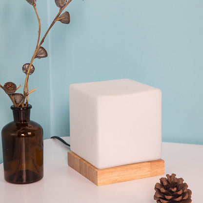 Cube Lamp Nordic Style White Glass Table Lamp with Wood Base
