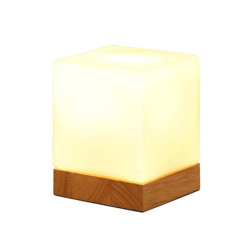 Cube Lamp Nordic Style White Glass Table Lamp with Wood Base