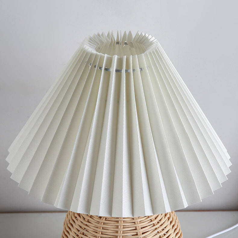 Contemporary Nordic Rattan Fabric Folded Cone Ball LED Table Lamp