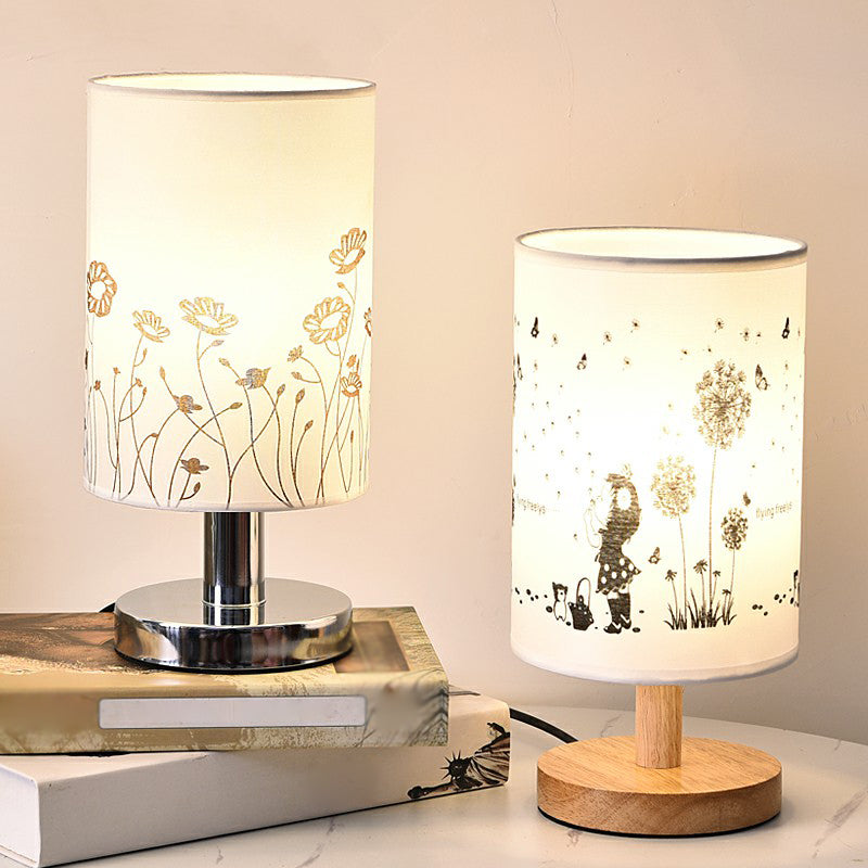 White Cylinder Table Lamp Fabric 1-Light Minimalist Design