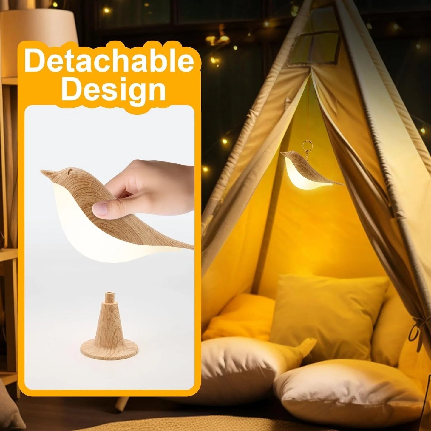 Touch-Control Wooden Bird Night Light - Rechargeable LED Lamp
