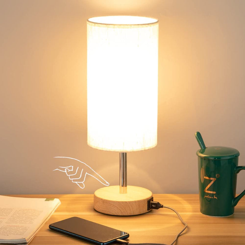 Decorative USB Table Lamp - Touch-Control Dimmable Desk Lamp with Wood Base and Linen Shade for Bedroom, Living Room, Home Office