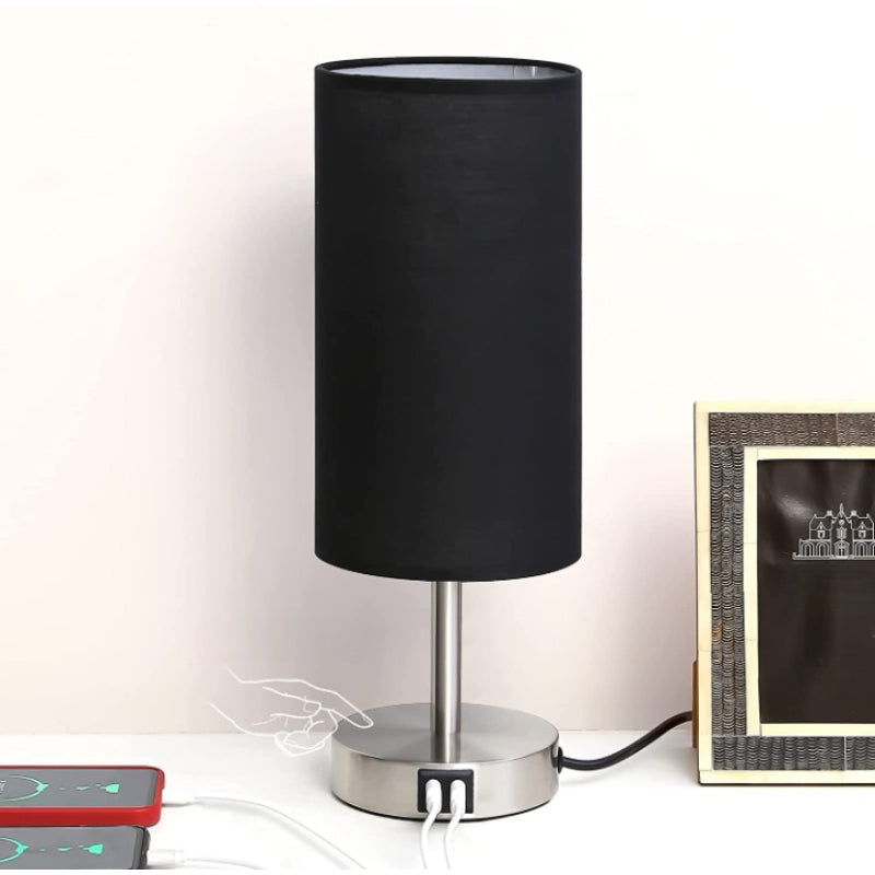 Decorative USB Table Lamp - Touch-Control Dimmable Desk Lamp with Wood Base and Linen Shade for Bedroom, Living Room, Home Office