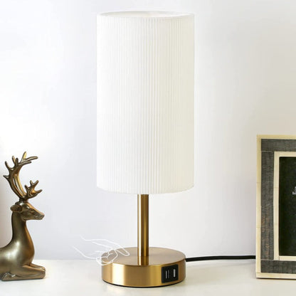 Decorative USB Table Lamp - Touch-Control Dimmable Desk Lamp with Wood Base and Linen Shade for Bedroom, Living Room, Home Office
