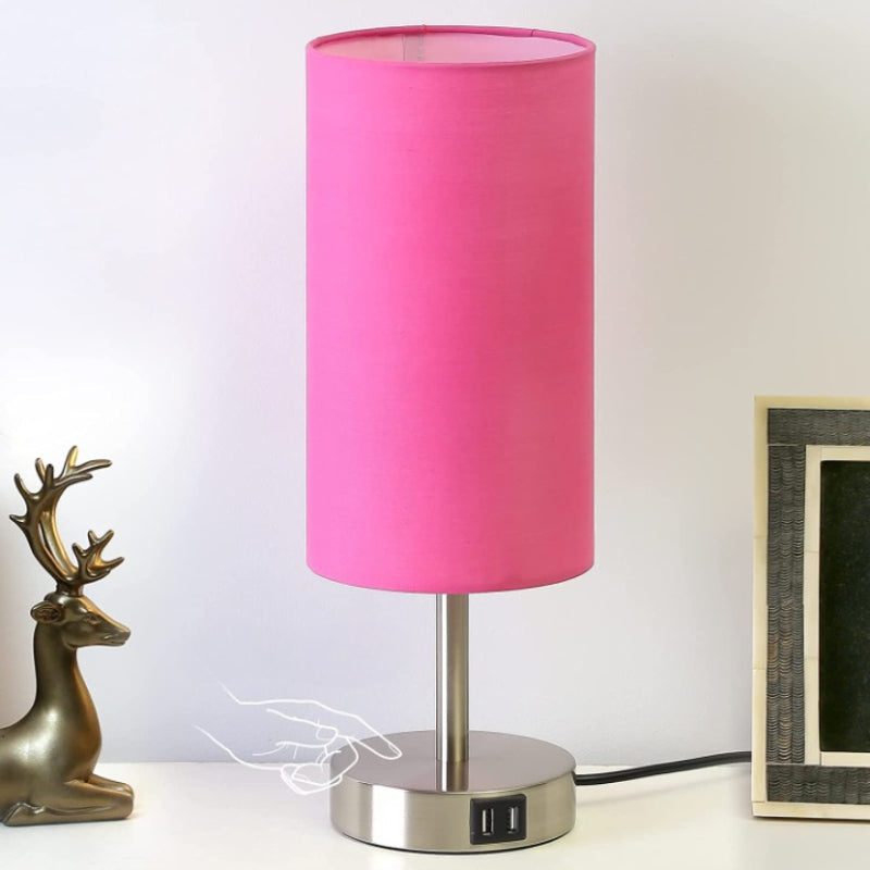 Decorative USB Table Lamp - Touch-Control Dimmable Desk Lamp with Wood Base and Linen Shade for Bedroom, Living Room, Home Office