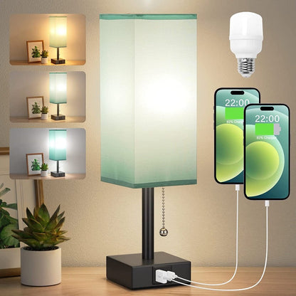Table Lamp with 3 Brightness Levels 2700/3500/5000K USB Nightstand Lamp with LED and Pull Chain for Bedroom