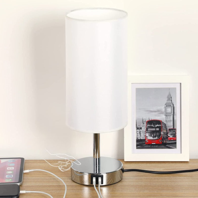 Decorative USB Table Lamp - Touch-Control Dimmable Desk Lamp with Wood Base and Linen Shade for Bedroom, Living Room, Home Office