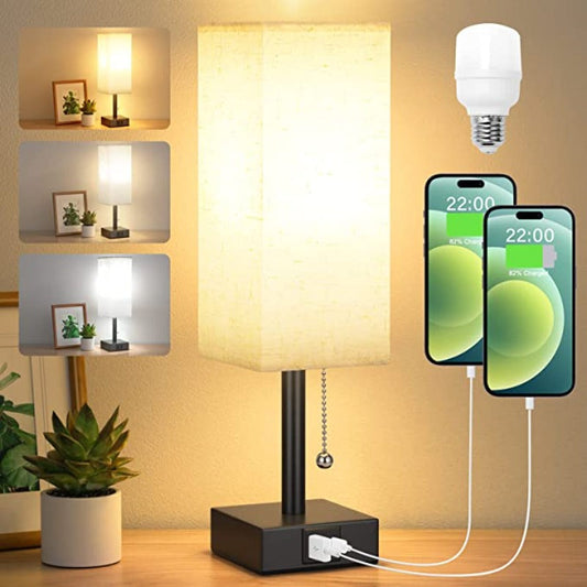 Table Lamp with 3 Brightness Levels 2700/3500/5000K USB Nightstand Lamp with LED and Pull Chain for Bedroom