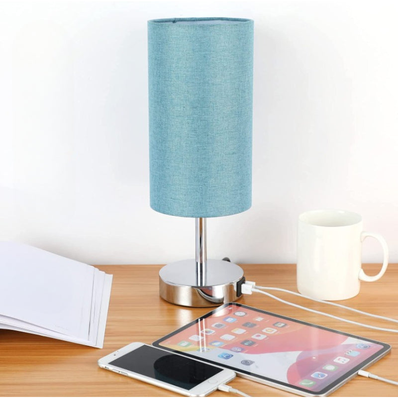 Decorative USB Table Lamp - Touch-Control Dimmable Desk Lamp with Wood Base and Linen Shade for Bedroom, Living Room, Home Office