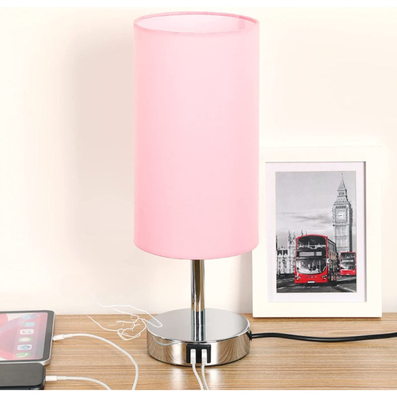 Decorative USB Table Lamp - Touch-Control Dimmable Desk Lamp with Wood Base and Linen Shade for Bedroom, Living Room, Home Office