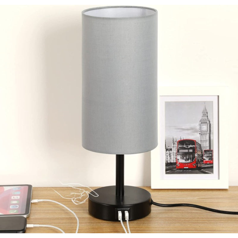 Decorative USB Table Lamp - Touch-Control Dimmable Desk Lamp with Wood Base and Linen Shade for Bedroom, Living Room, Home Office