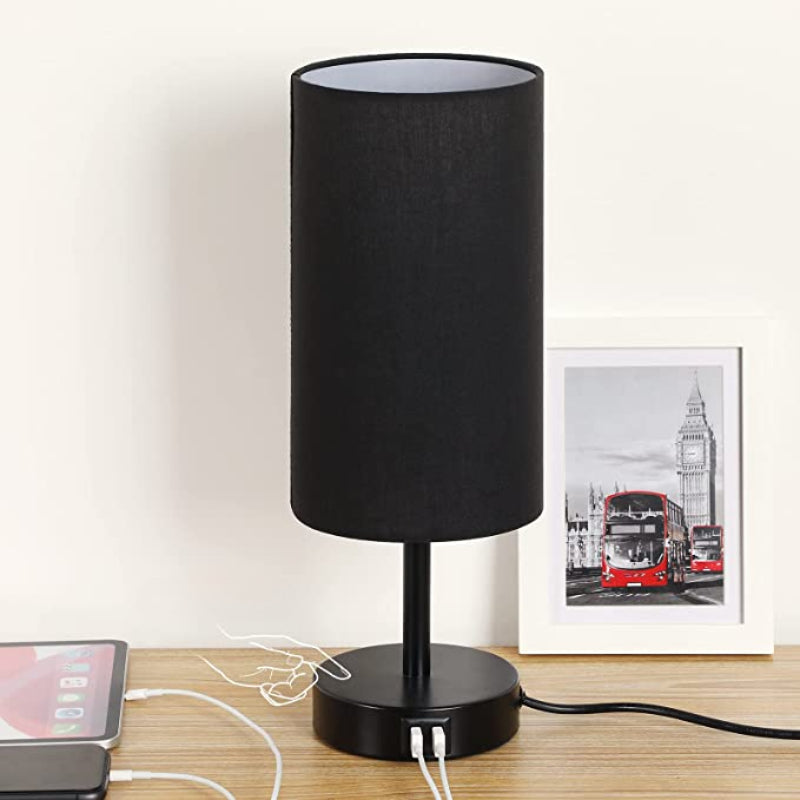 Decorative USB Table Lamp - Touch-Control Dimmable Desk Lamp with Wood Base and Linen Shade for Bedroom, Living Room, Home Office