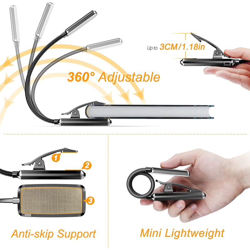 9 LED USB Rechargeable Reading Light for Bed - Eye-Friendly, Dimmable Clip-On Lamp