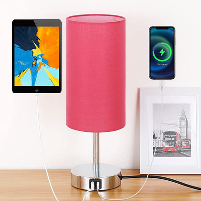 Decorative USB Table Lamp - Touch-Control Dimmable Desk Lamp with Wood Base and Linen Shade for Bedroom, Living Room, Home Office