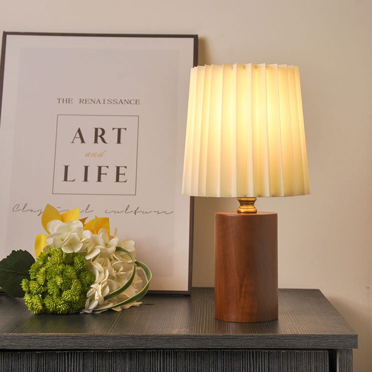 Vintage Column Table Lamp with Solid Wood Base, 1-Light